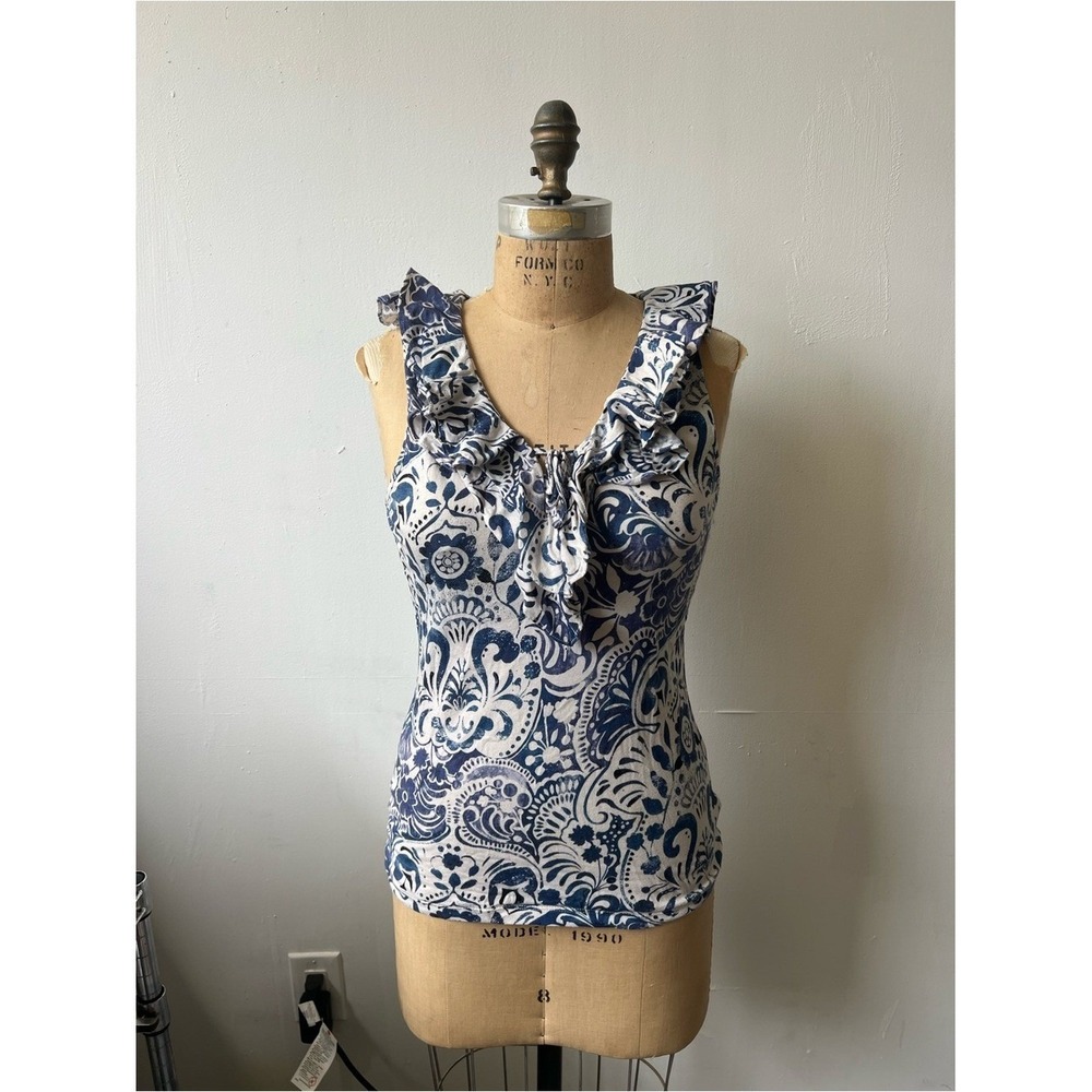 Lauren Ralph Lauren Blue White Paisley Ruffle V-Neck Sleeveless Cotton Top S